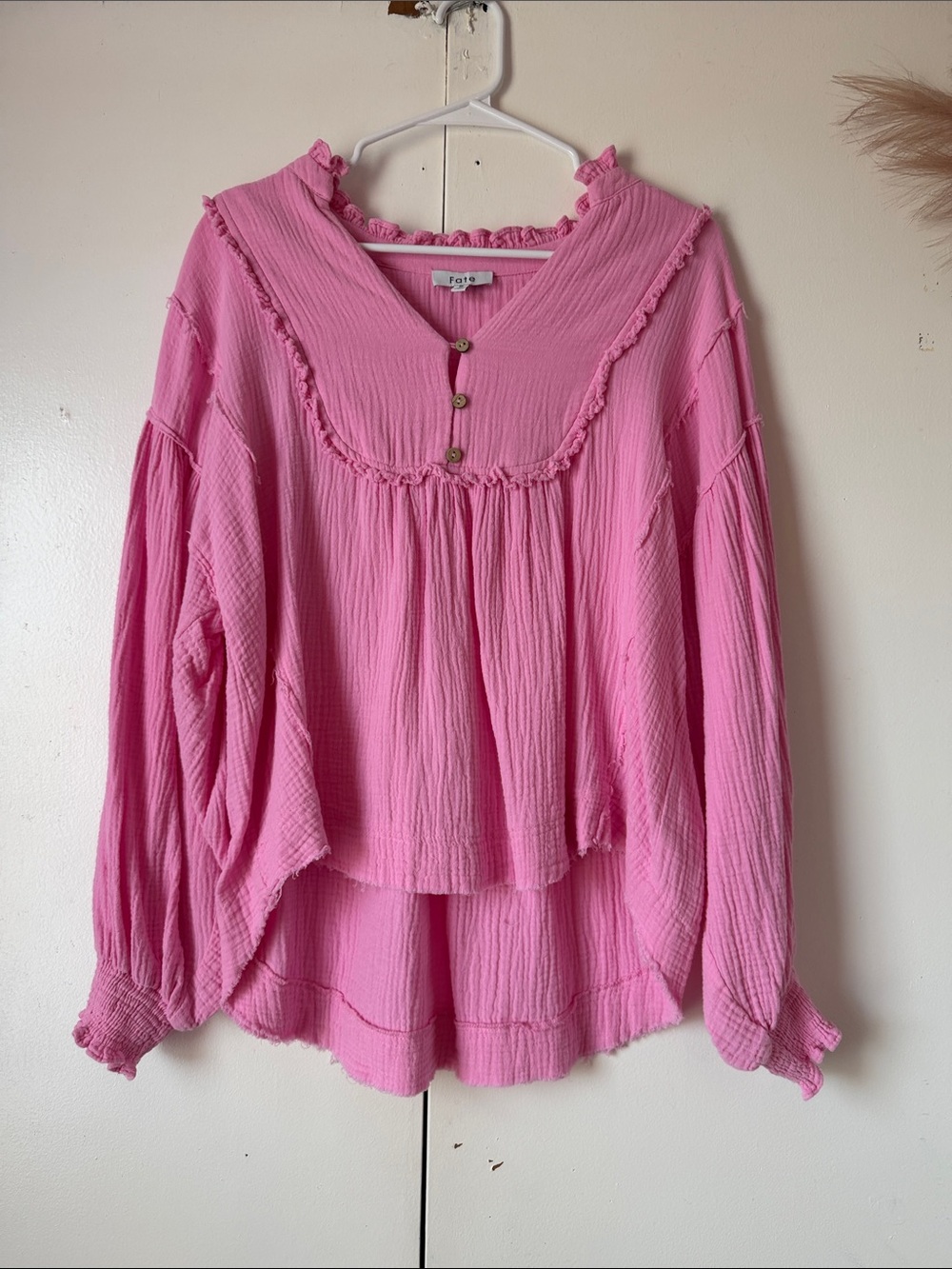 Fate Pink Ruffled Button-Front Peasant Top